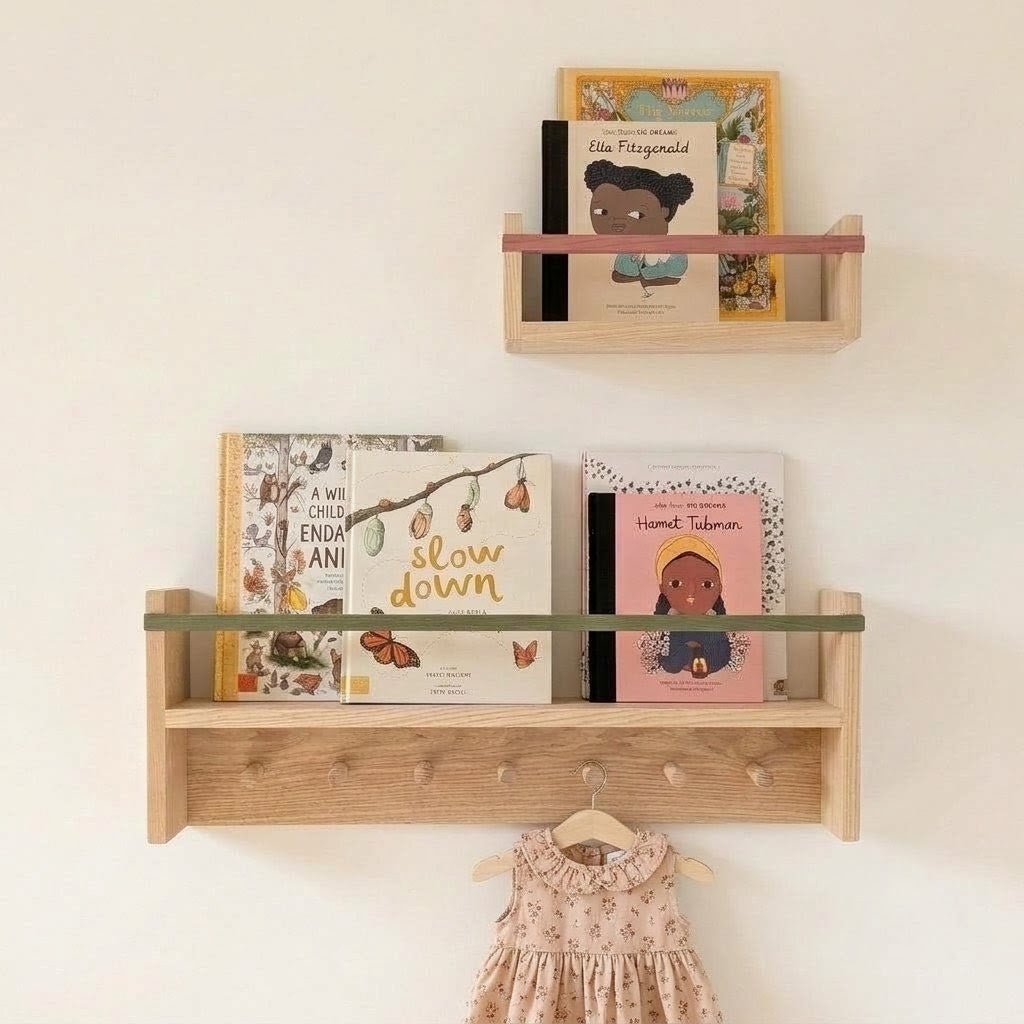 Two light wood wall-mounted bookshelves with hooks, styled with children's books and a small floral dress on a hanger, against a plain off-white wall.