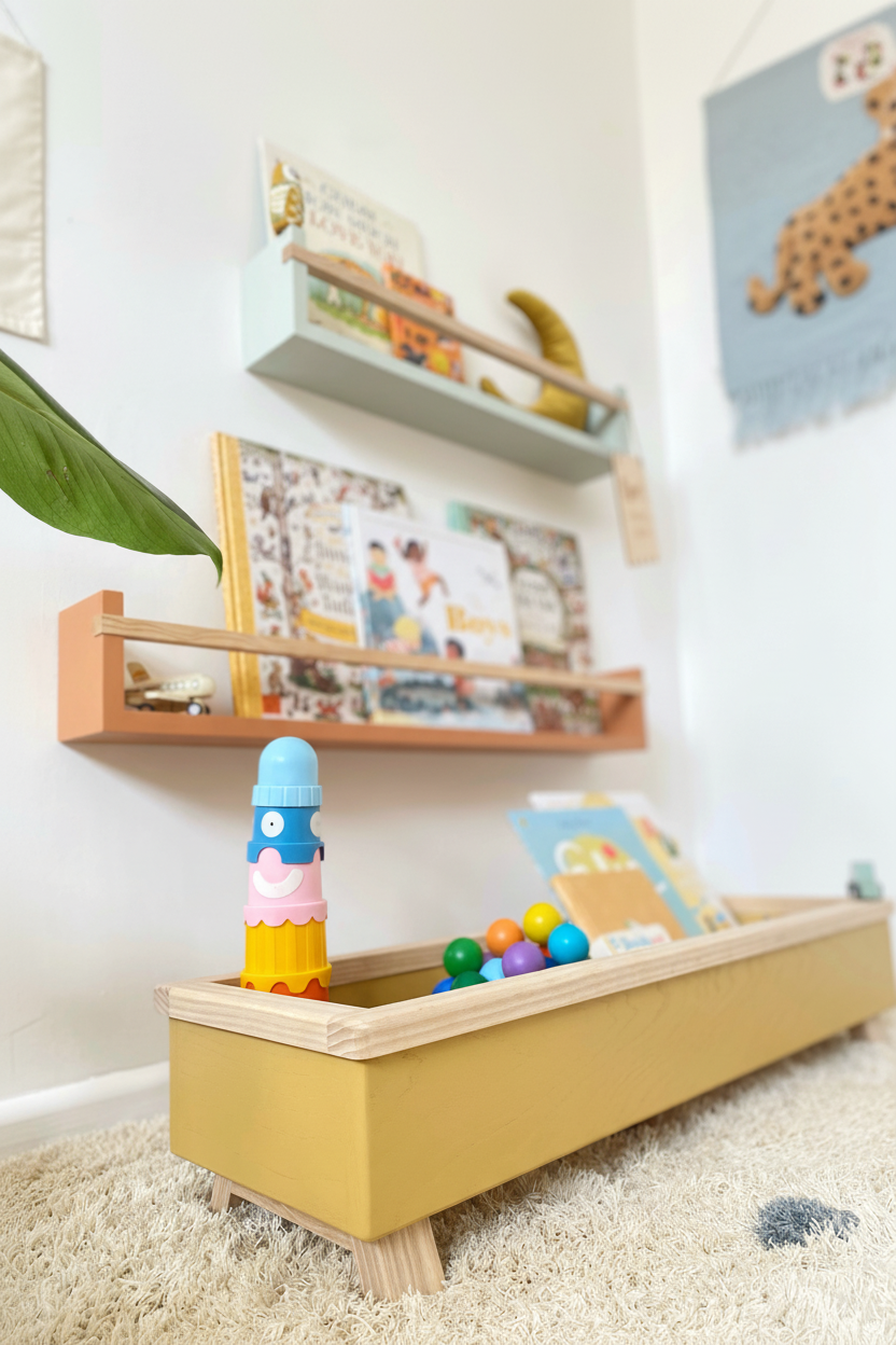 Children's play area with a yellow toy box, colorful toys, and a shelf with books and pictures.