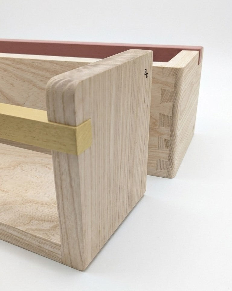 Autumns Corner Story Shelf - Solid Ash - Dovetail Joinery - Mustard and Dusky Pink
