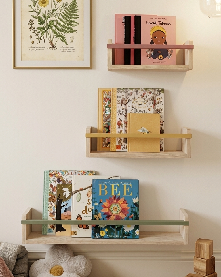 Front-facing solid ash children's bookshelves displayed on a white wall with children's books and botanical prints — Autumn's Corner
