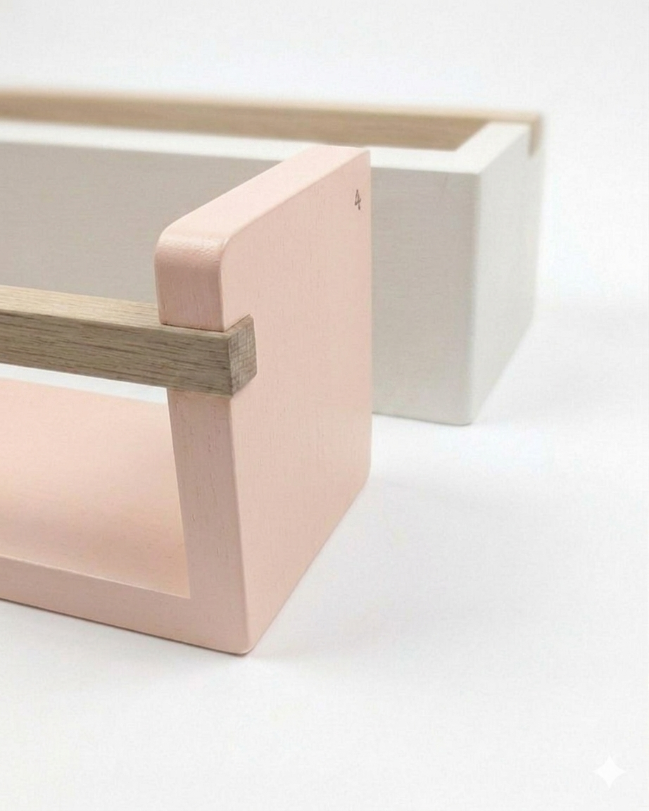 Minimalist furniture piece with pink and wooden design on a white background book shelf - Autumns Corner