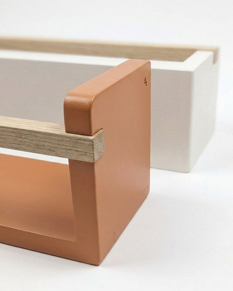 Rectangular wooden shelf with a brown corner on a white background