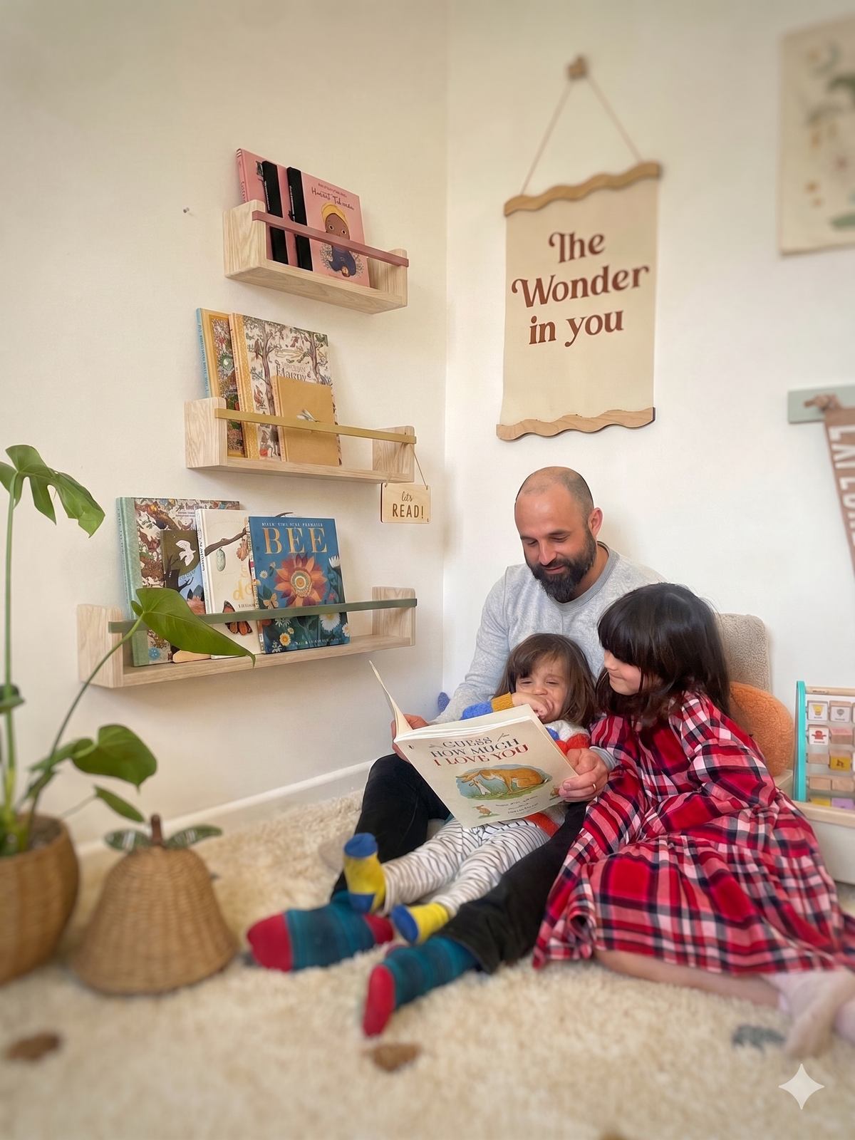 A dad reading to two children beneath Story Shelves