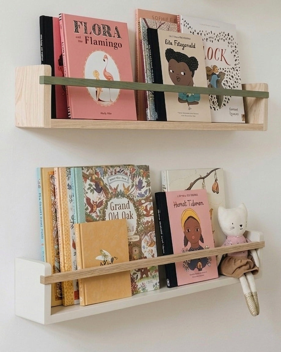 Two Story Shelves by Autumn's Corner mounted on a wall displaying children's books, handcrafted solid wood