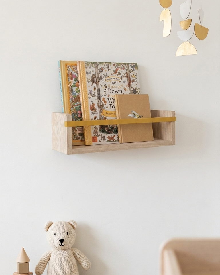 Autumn's Corner Story Shelf in natural ash with children's books and soft toy in a cosy kids' bedroom
