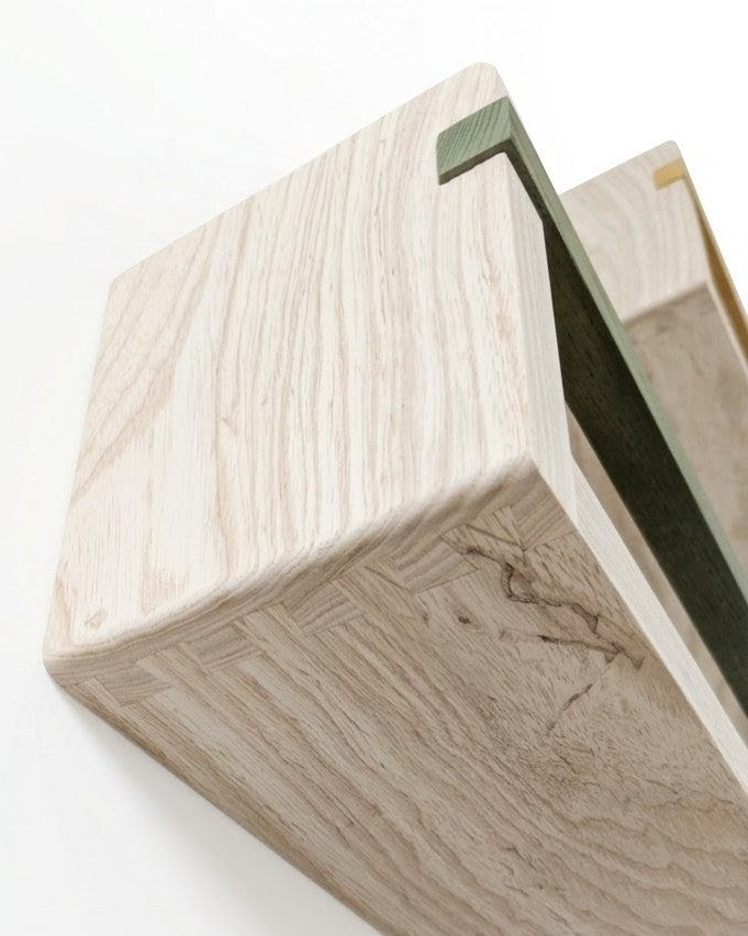 Autumns Corner Story Shelf - Solid Ash - Dovetail Joinery - Olive Green Bar 