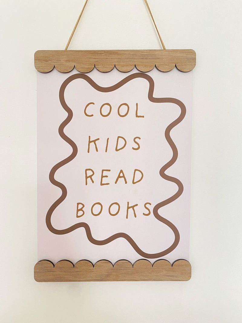Scalloped Oak Magnetic Picture Frame holding a Cool Kids Read Books print, handmade in Cardiff by Autumn's Corner
