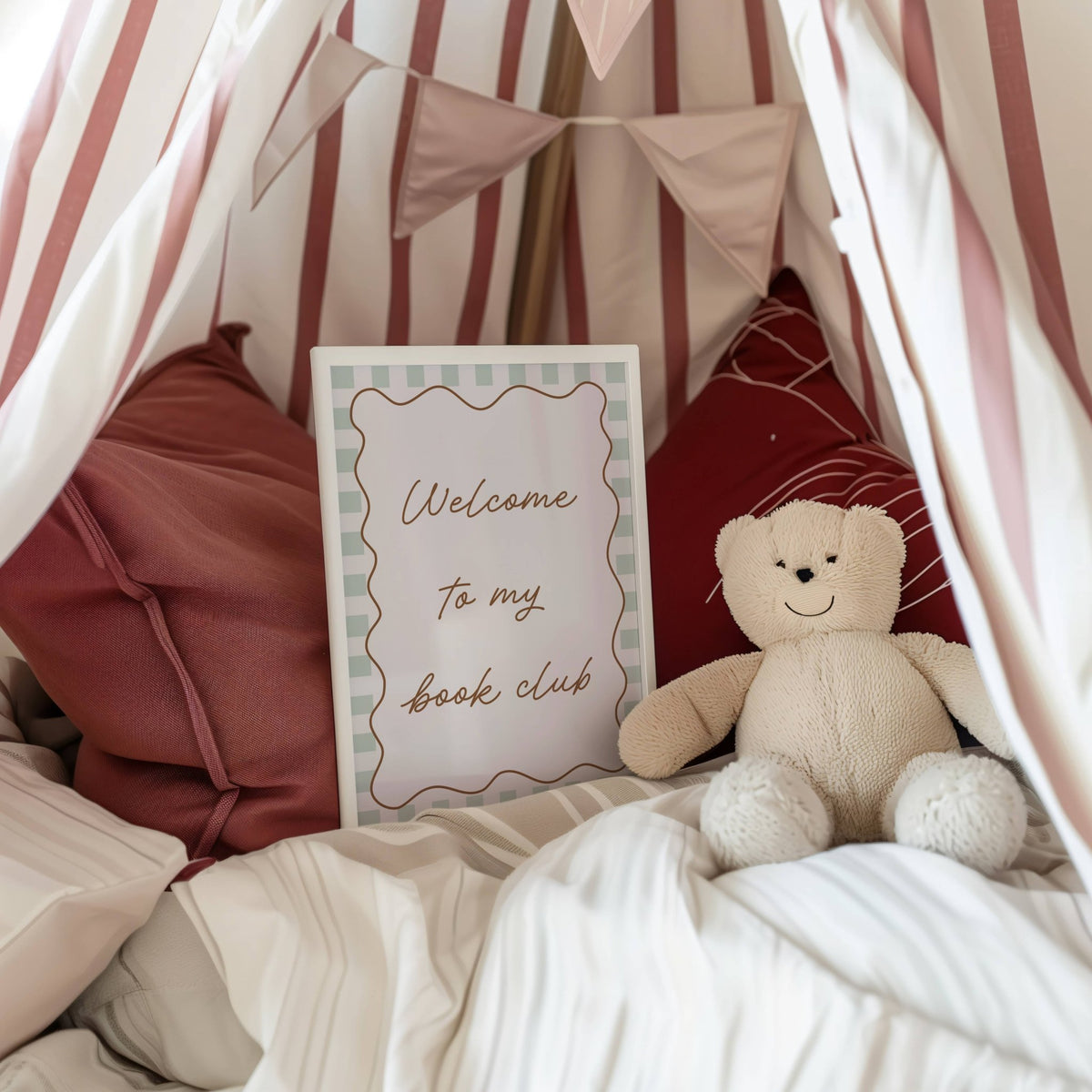 Welcome to My Book Club Checkerboard Print inside a striped play tent with a teddy, designed by Autumn's Corner